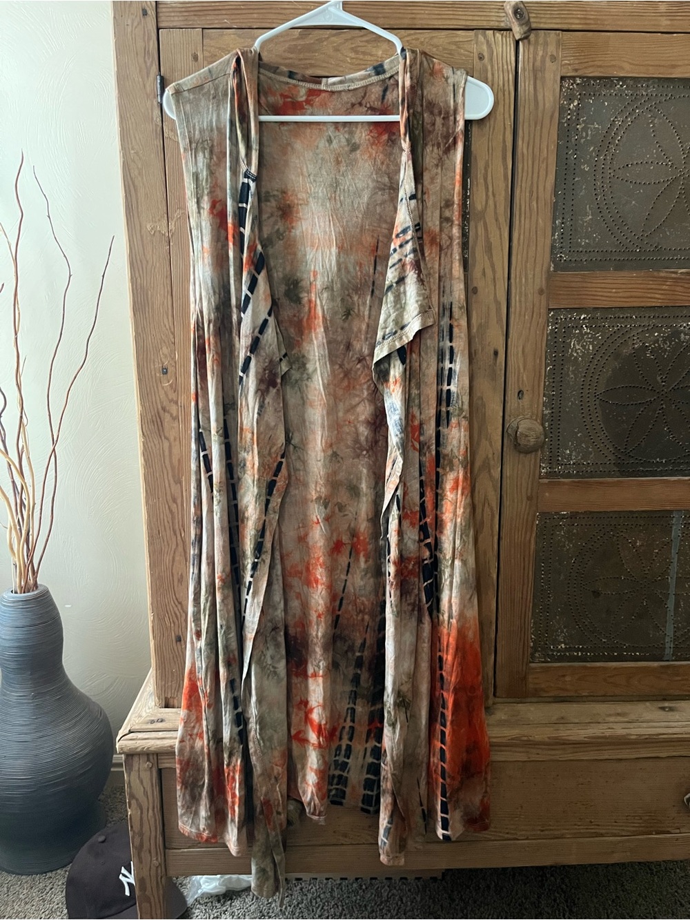 Tie-Dye Long Open Draped Vest in Rust & Tan